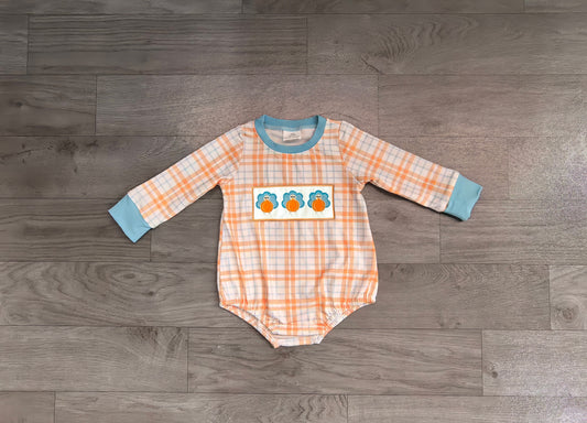 preorder Samples LR3138 Turkey Orange Checkered Long Sleeve Boys Romper