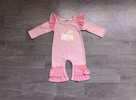 preorder Samples LR3140 Pumpkin Dog Pink Striped Long Sleeve Girls Romper