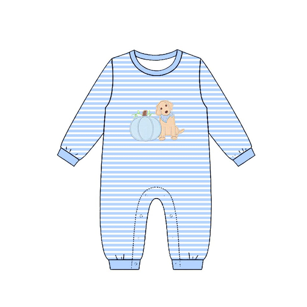 preorder LR3140 Pumpkin Dog Blue Striped Long Sleeve Boys Romper