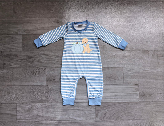 preorder Samples LR3141 Pumpkin Dog Blue Striped Long Sleeve Boys Romper