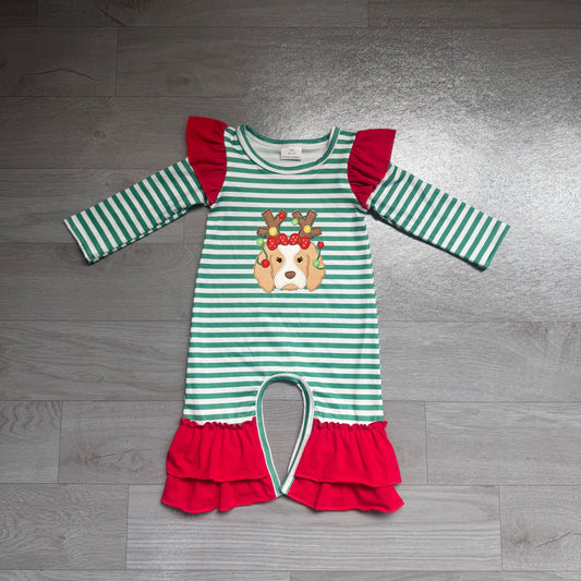 preorder Samples LR3145 Christmas Dog Green Striped Long Sleeve Girls Romper