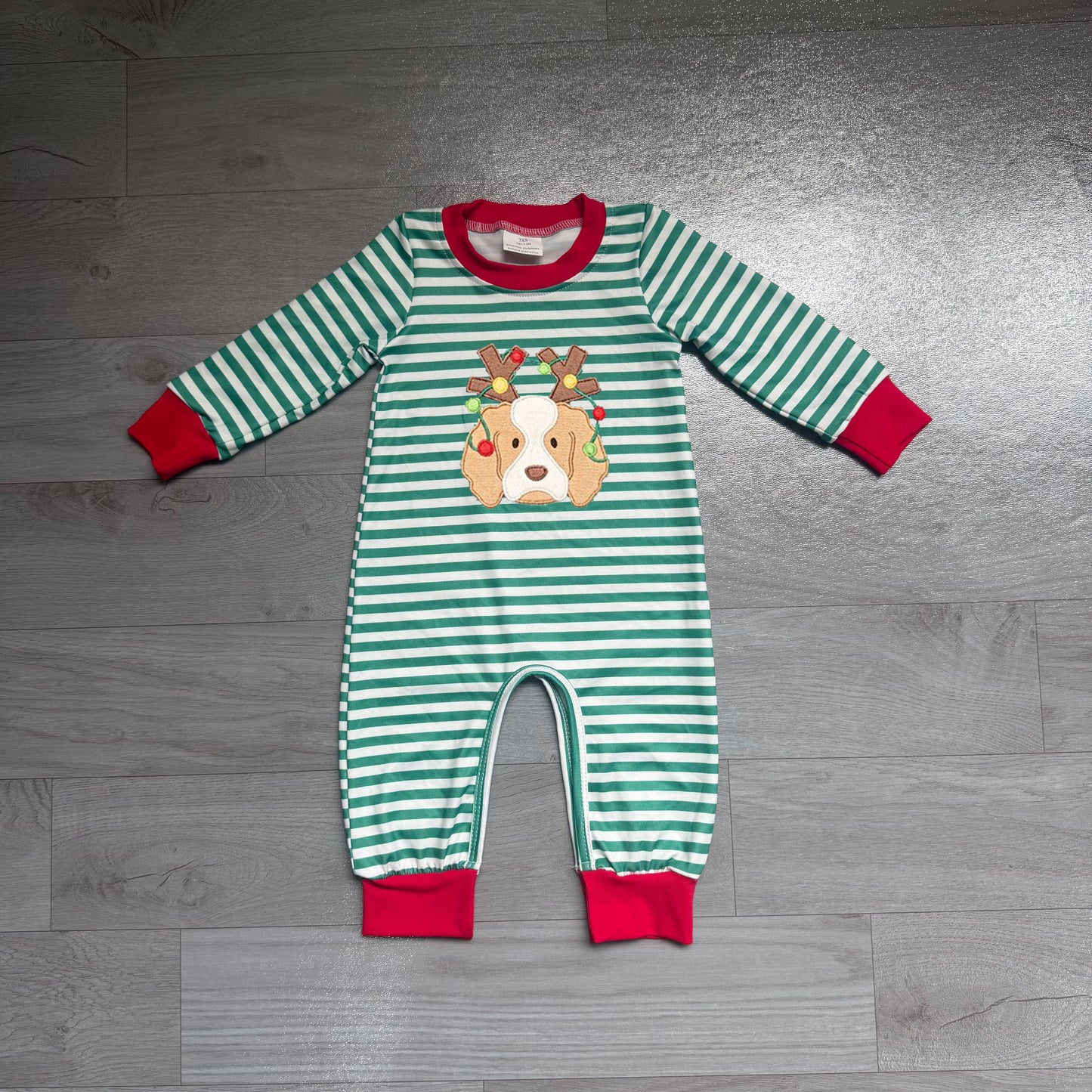 preorder Samples LR3146 Christmas Dog Green Striped Long Sleeve Boys Romper