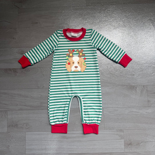 preorder Samples LR3146 Christmas Dog Green Striped Long Sleeve Boys Romper