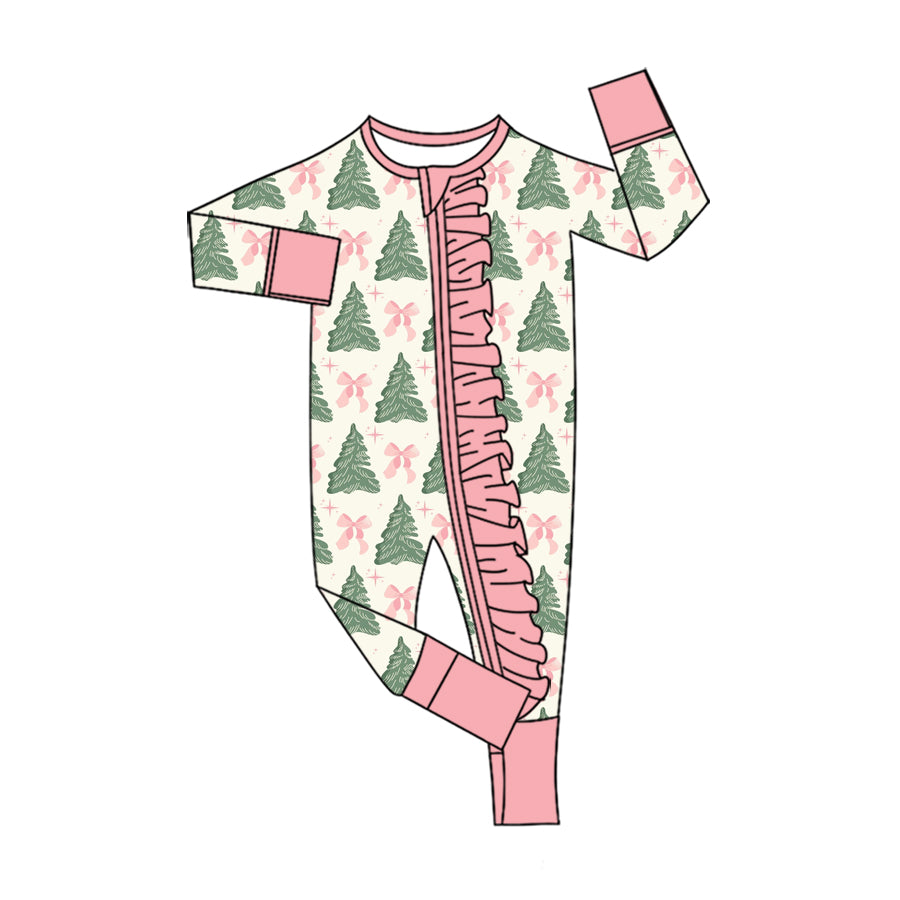 preorder LR3153 Christmas Tree Bows Zipper Long Sleeve Girls Romper