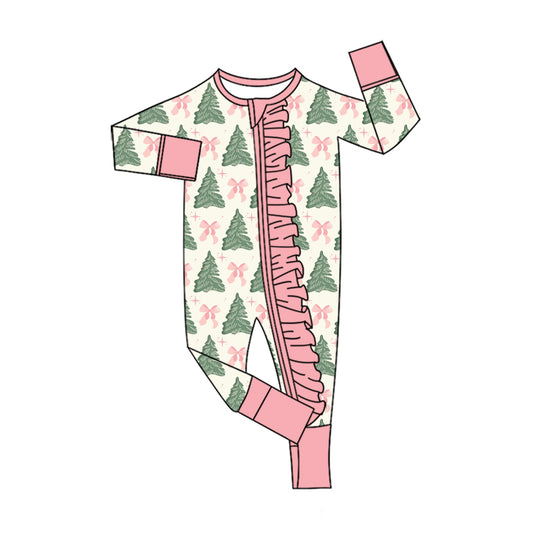 preorder LR3153 Christmas Tree Bows Zipper Long Sleeve Girls Romper