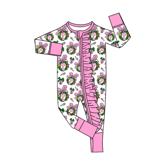 preorder LR3157 Christmas Bows Zipper Long Sleeve Girls Romper