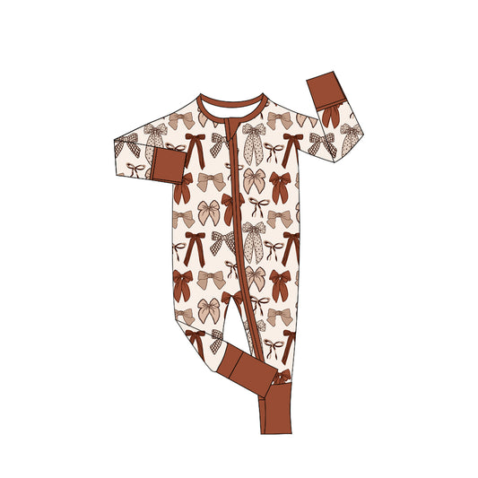 preorder LR3158 Brown Bows Zipper Long Sleeve Girls Romper