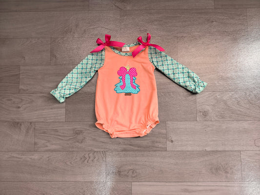 preorder Samples LR3164 Christmas Tree Bow Long Sleeve Girls Romper