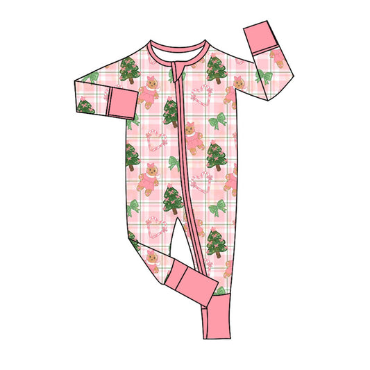 preorder LR3172 Christmas Pink Gingerbread Man Zipper Long Sleeve Girls Romper