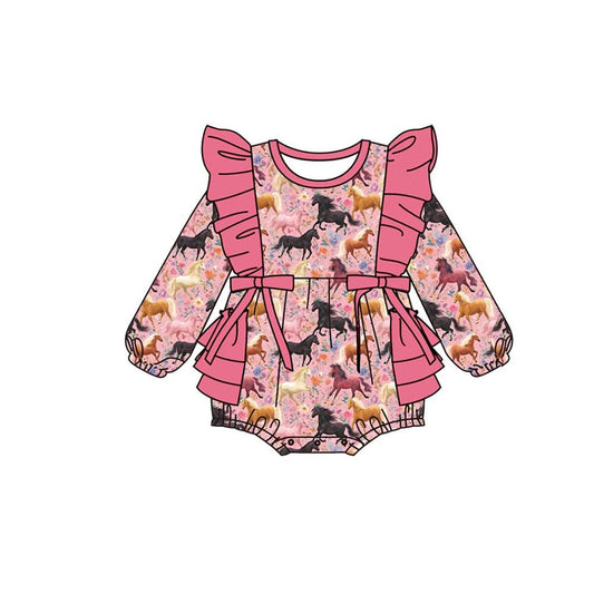 preorder LR3181 Western Horse Flowers Pink Long Sleeve Girls Romper