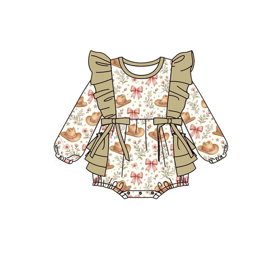 preorder LR3183 Western Flowers Bows Hat Long Sleeve Girls Romper