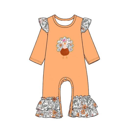 preorder LR3199 Thanksgiving Turkey Long Sleeve Girls Romper