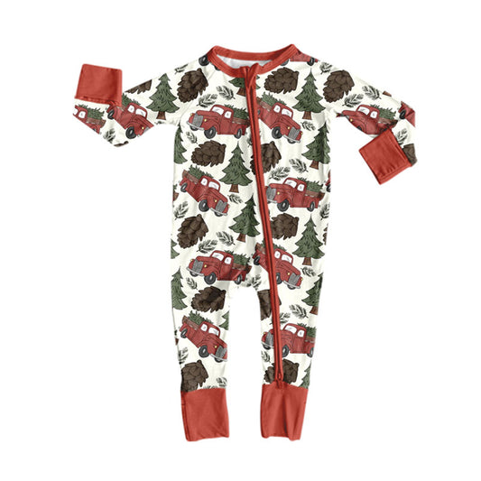 preorder LR3210 Christmas Tree Truck Zipper Long Sleeve Boys Romper