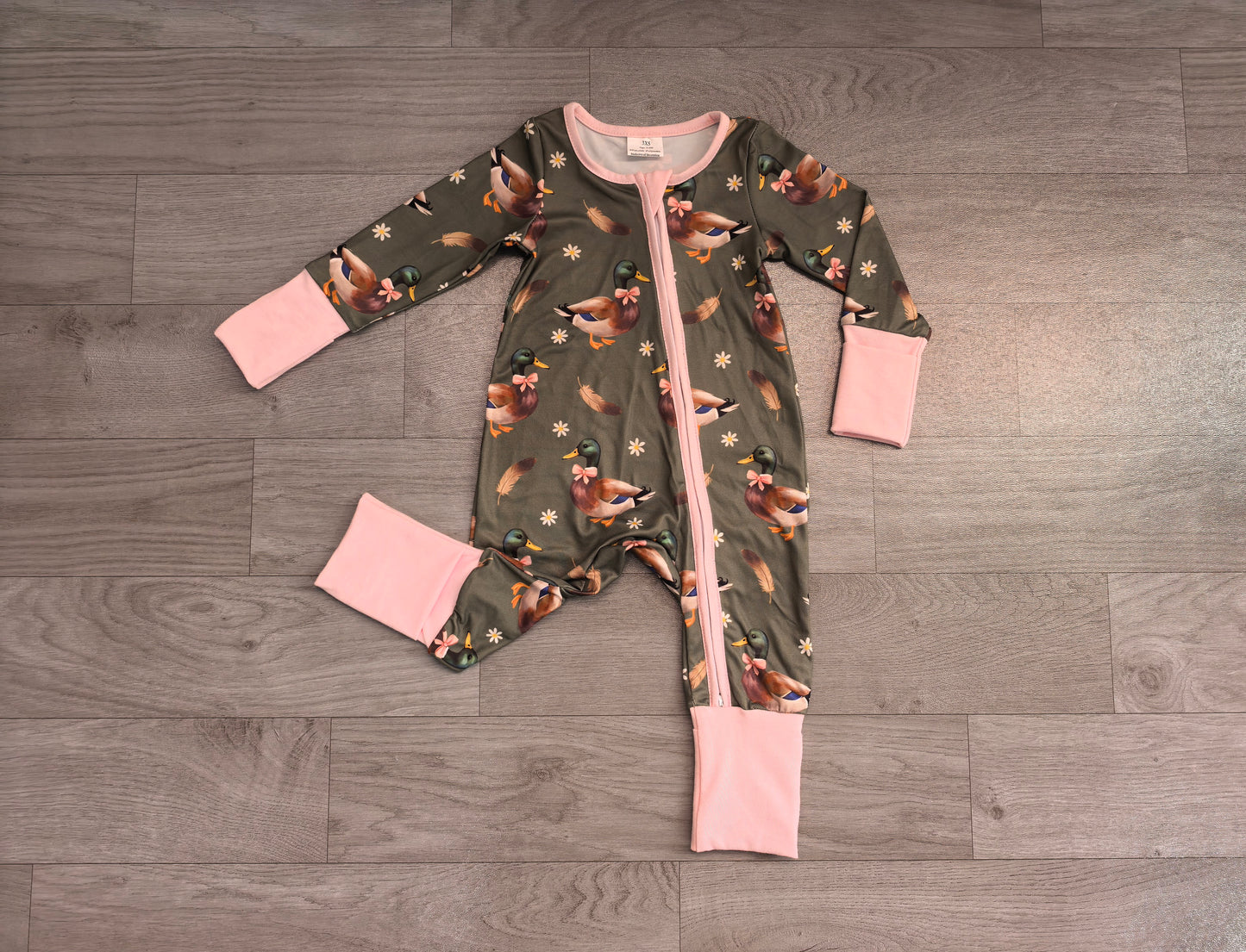 preorder Samples LR3225 Mallard Duck Zipper Long Sleeve Girls Romper