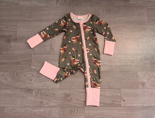preorder Samples LR3225 Mallard Duck Zipper Long Sleeve Girls Romper