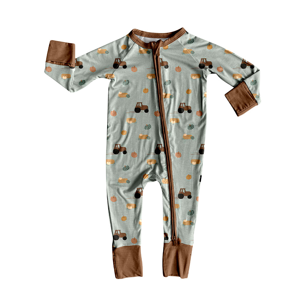 preorder LR3231 Pumpkin Tractor Zipper Long Sleeve Boys Romper
