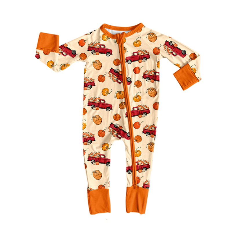 preorder LR3234 Pumpkin Truck Zipper Long Sleeve Boys Romper