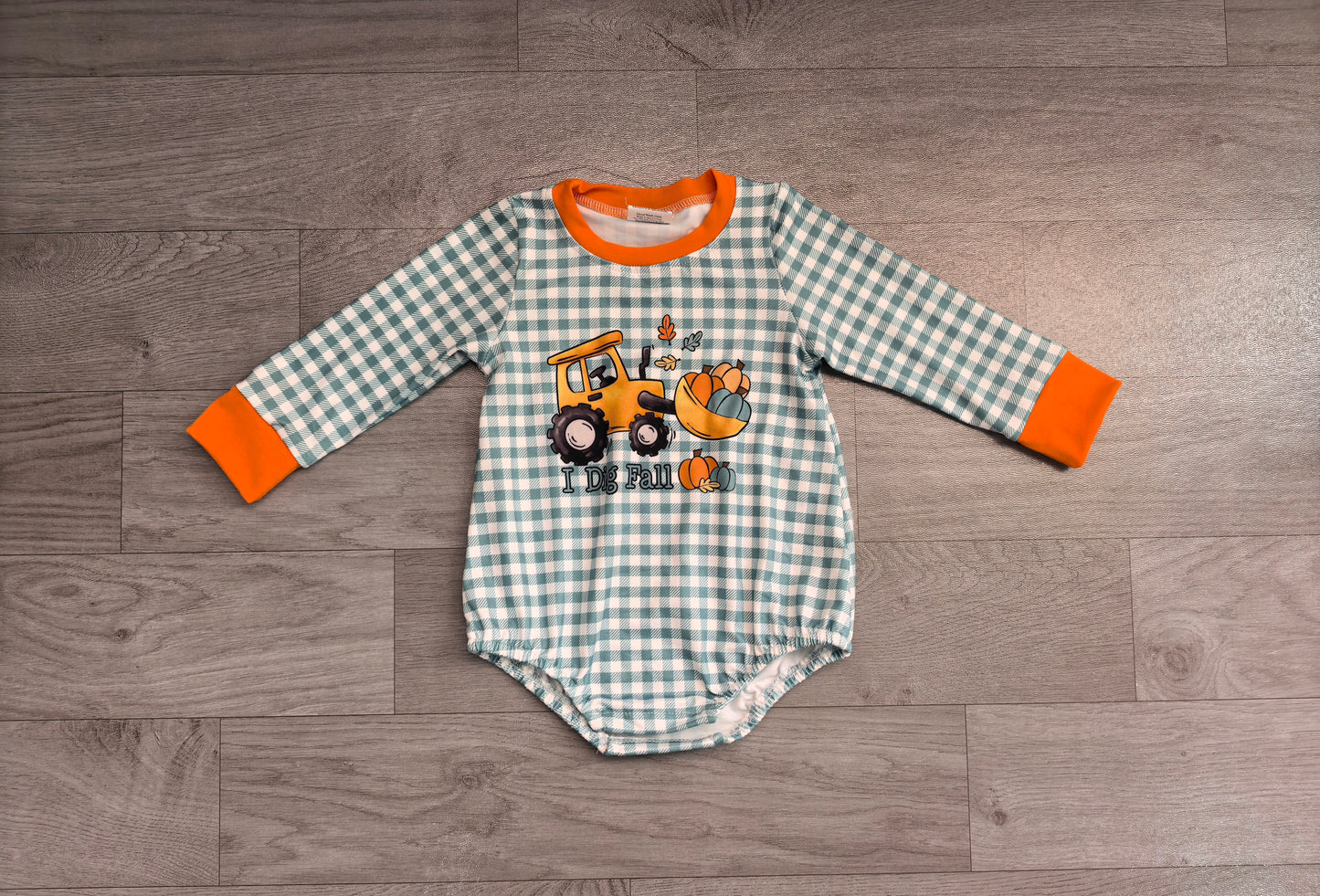 preorder Samples LR3237 I Dig Fall Pumpkin Tractor Long Sleeve Boys Romper