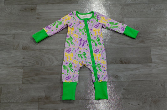 preorder Samples LR3268 Mardi Gras Bows Green Zipper Long Sleeve Girls Romper