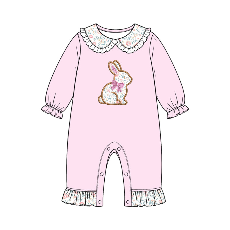 preorder LR3300 Bunny Rabbit Flowers Pink Long Sleeve Girls Romper