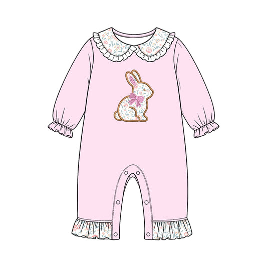 preorder LR3300 Bunny Rabbit Flowers Pink Long Sleeve Girls Romper