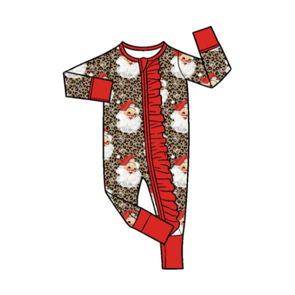 preorder LR3302 Christmas Santa Leopard Zipper Long Sleeve Girls Romper