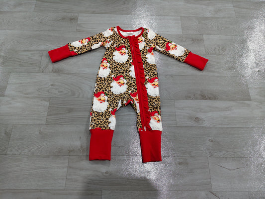 preorder Samples LR3302 Christmas Santa Leopard Zipper Long Sleeve Girls Romper