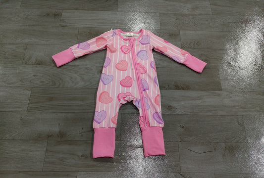 preorder Samples LR3325 Valentine's Day Heart Pink Striped Zipper Long Sleeve Girls Romper