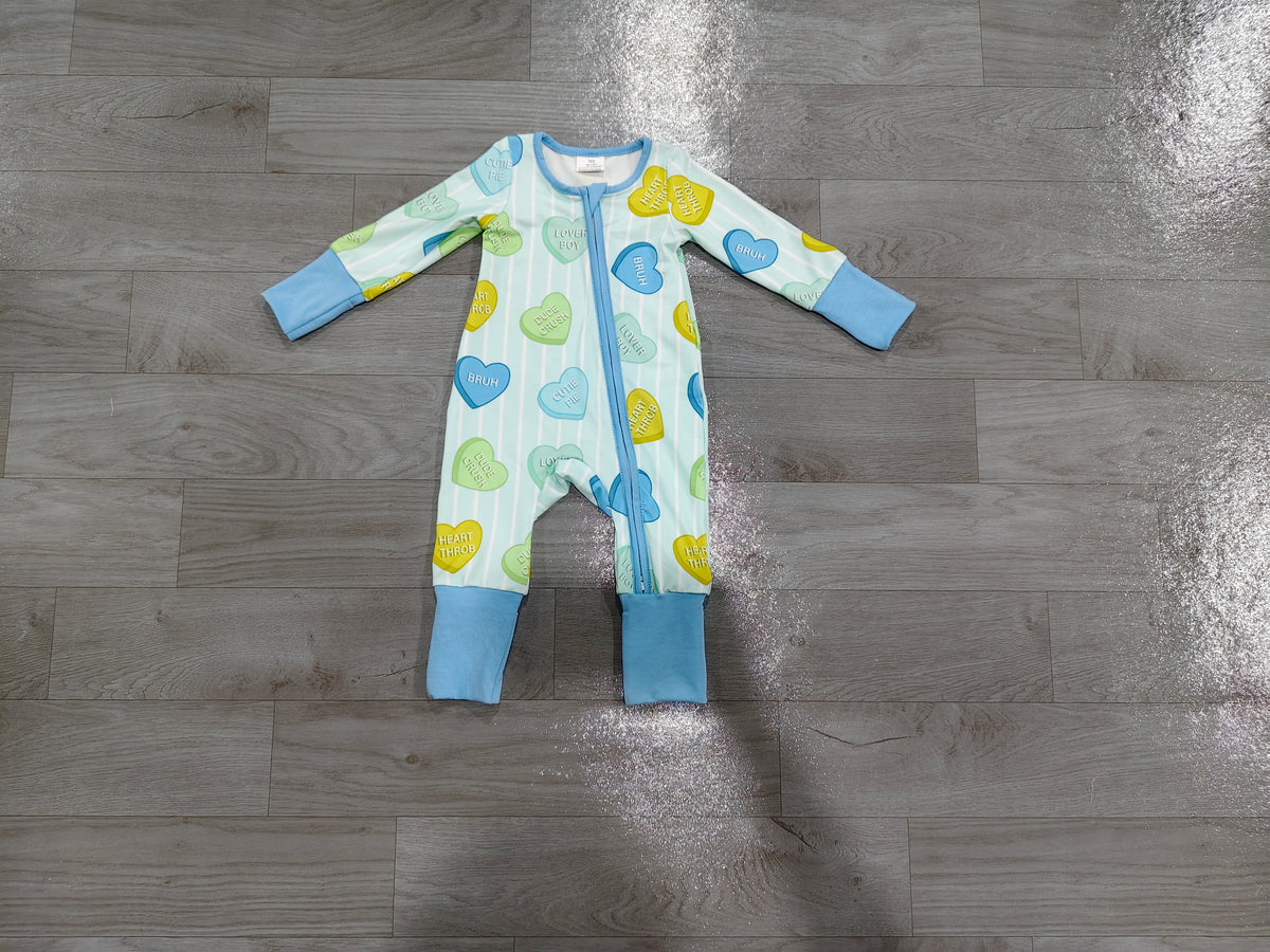 preorder Samples LR3326 Valentine's Day Heart Blue Striped Zipper Long Sleeve Girls Romper