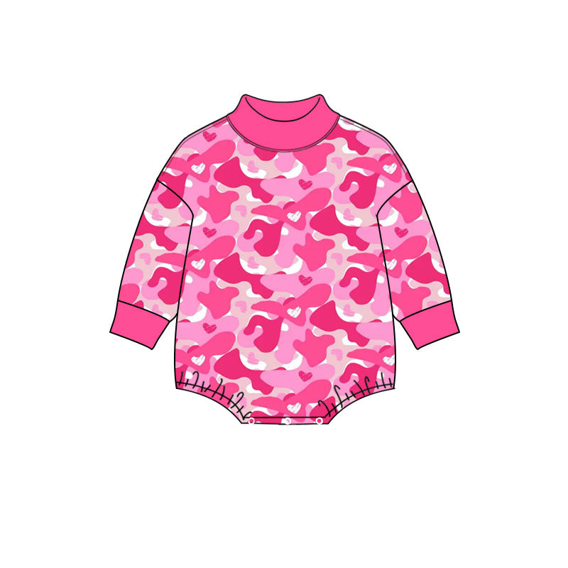 preorder LR3331 Valentine's Day Camo Hot Pink Long Sleeve Girls Romper