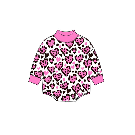 preorder LR3332 Valentine's Day Heart Leopard Hot Pink Long Sleeve Girls Romper