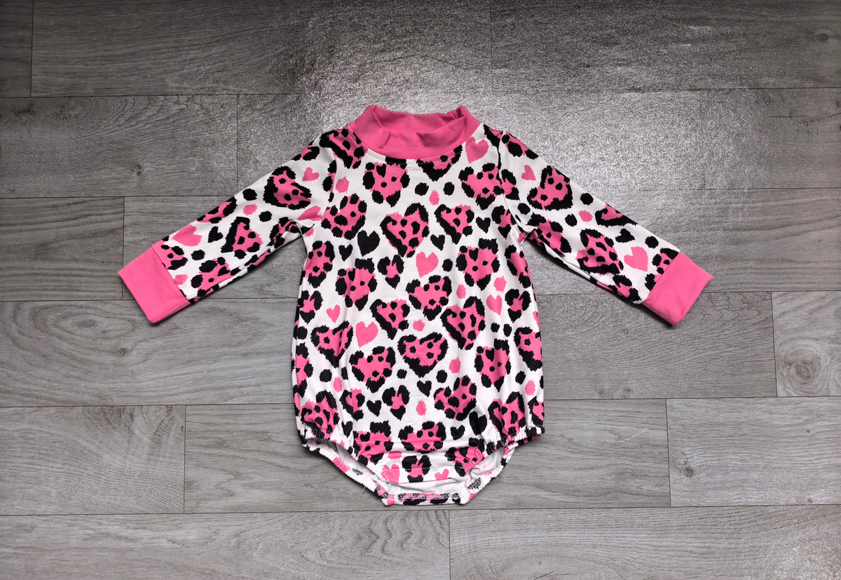 preorder Samples LR3332 Valentine's Day Heart Leopard Hot Pink Long Sleeve Girls Romper