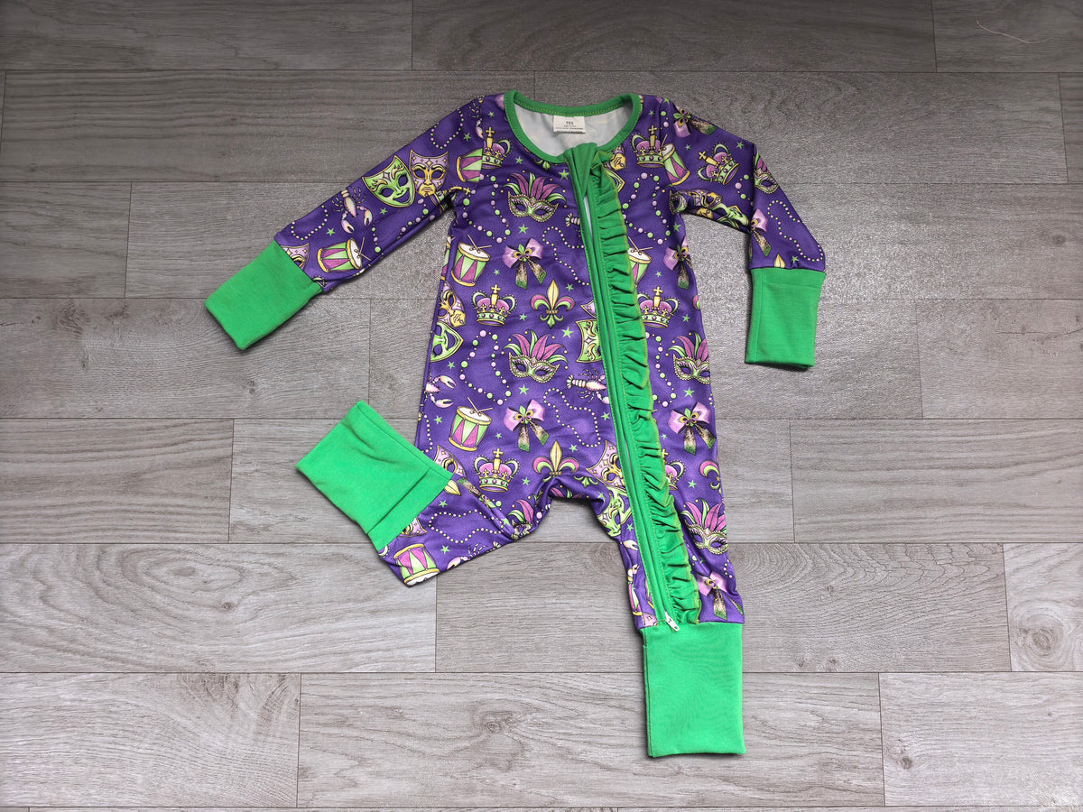 preorder Samples LR3334 Mardi Gras Mask Purple Zipper Long Sleeve Girls Romper