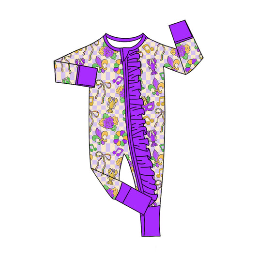 preorder LR3335 Mardi Gras Crayfish Checkered Zipper Long Sleeve Girls Romper