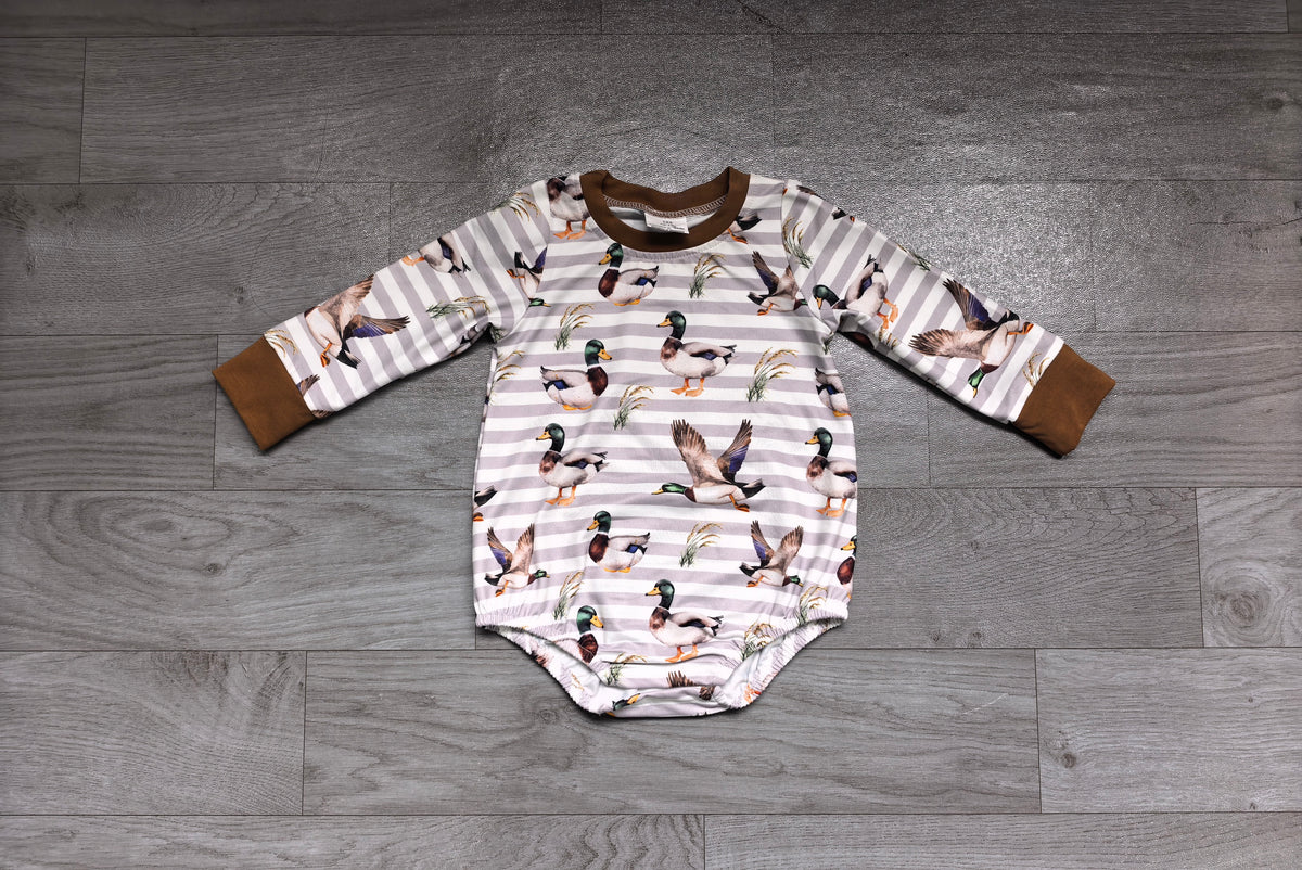 preorder Samples LR3336 Hunting Mallard Duck Striped Long Sleeve Boys Romper