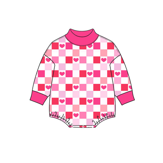 preorder LR3337 Valentine's Day Hot Pink Heart Checkered Long Sleeve Girls Romper