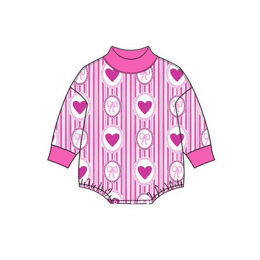 preorder LR3338 Valentine's Day Hot Pink Heart Bows Long Sleeve Girls romper