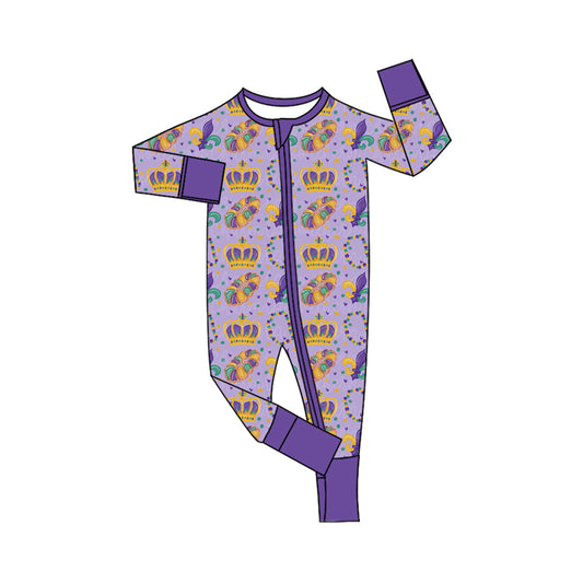 preorder LR3341 Mardi Gras Purple Zipper Long Sleeve Girls Romper