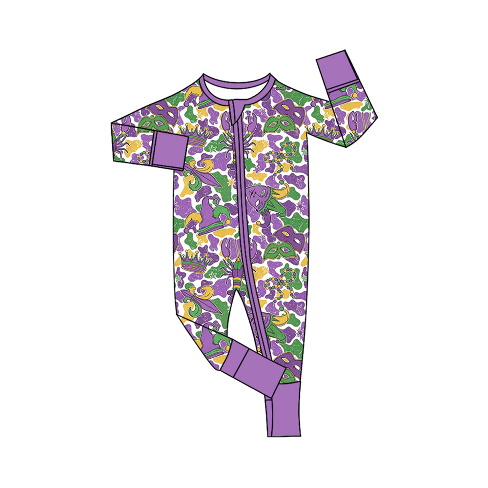 preorder LR3342 Mardi Gras Purple Zipper Long Sleeve Girls Romper