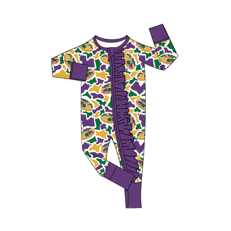 preorder LR3343 Mardi Gras Purple Zipper Long Sleeve Girls Romper