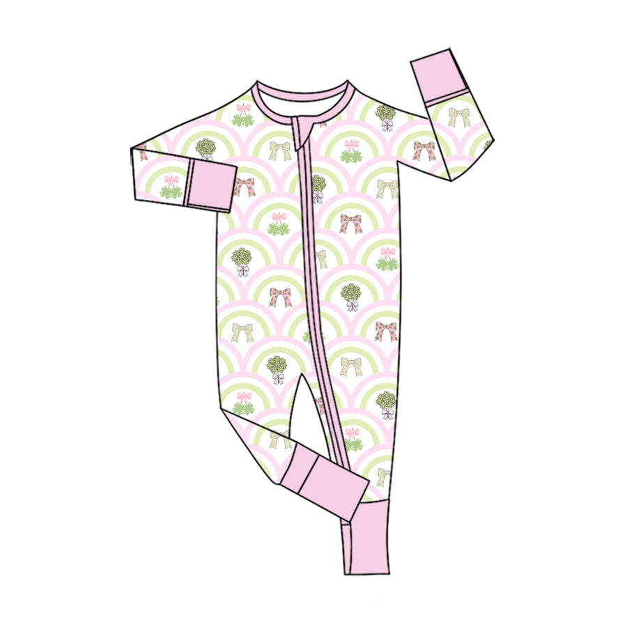 preorder LR3350 St Patrick Clover Bows Zipper Long Sleeve Girls Romper
