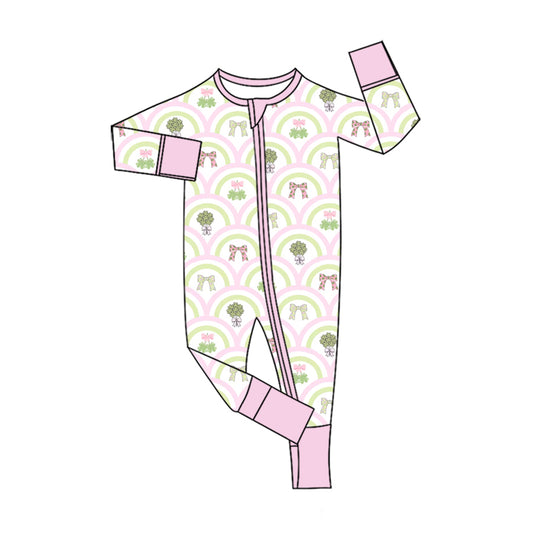 preorder LR3350 St Patrick Clover Bows Zipper Long Sleeve Girls Romper