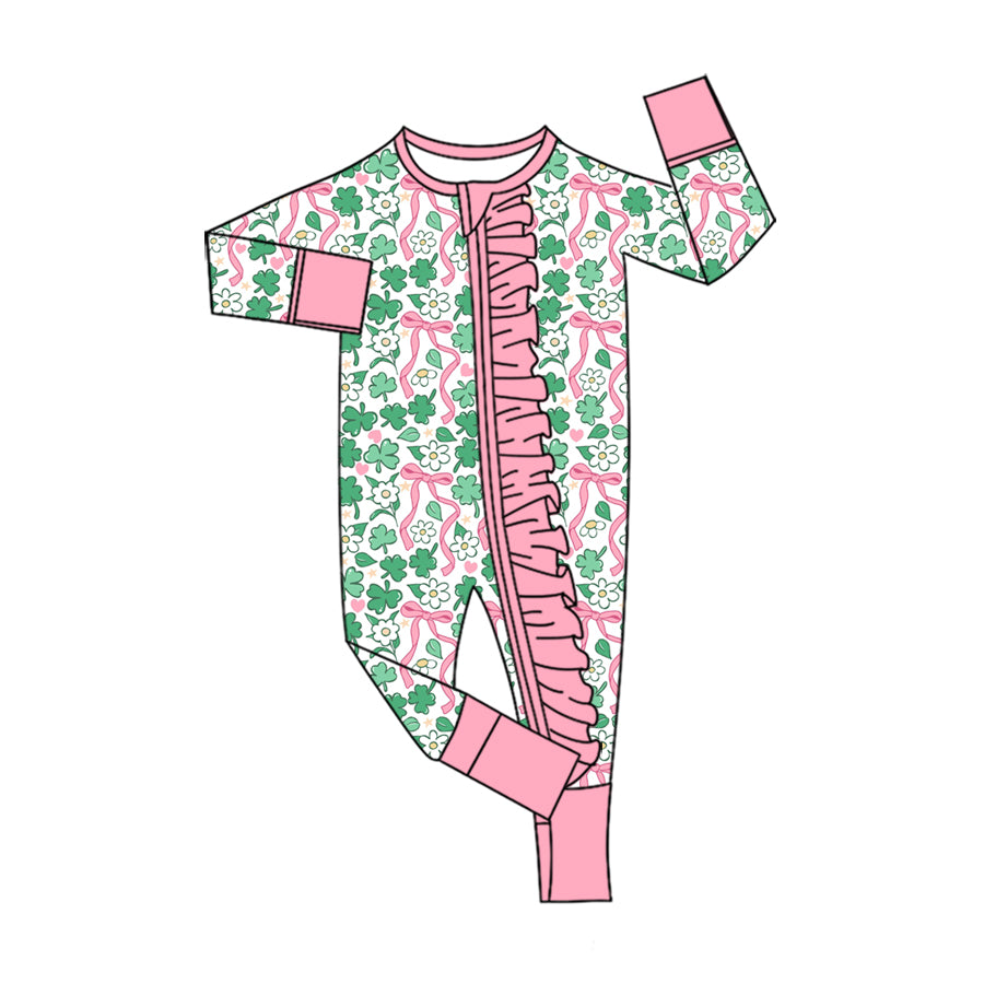 preorder LR3351 St Patrick Clover Flowers Zipper Long Sleeve Girls Romper