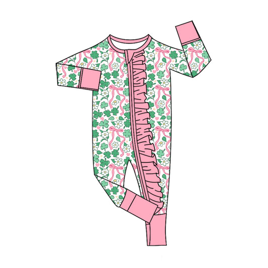 preorder LR3351 St Patrick Clover Flowers Zipper Long Sleeve Girls Romper