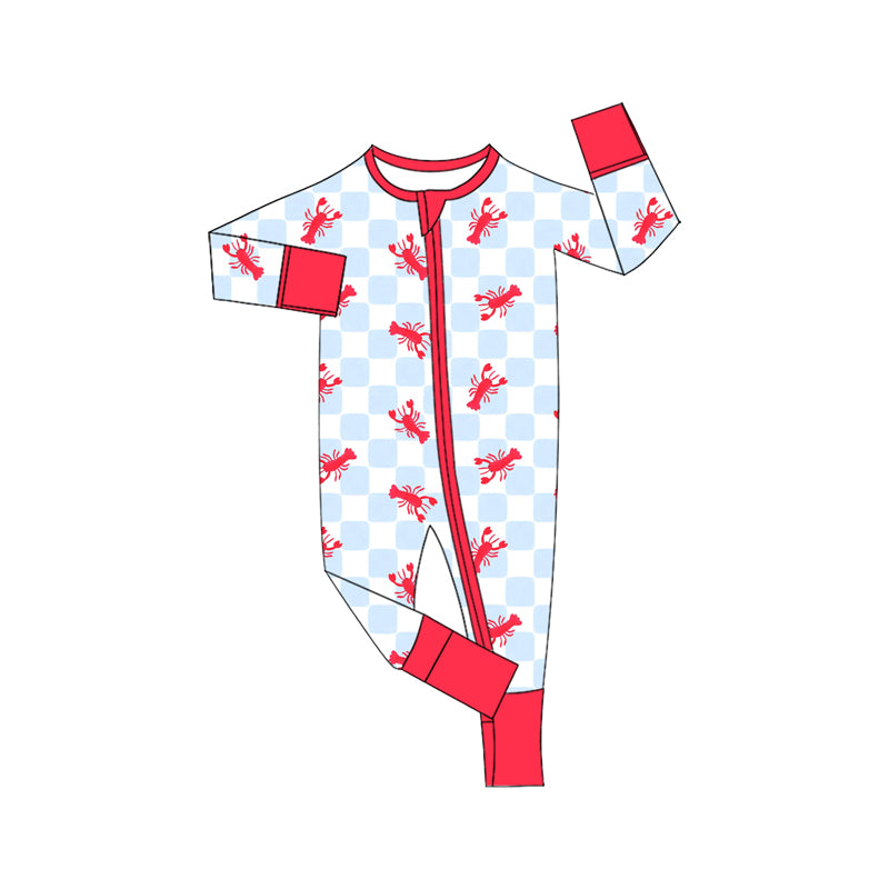 preorder LR3358 Crayfish Blue Checkered Zipper Long Sleeve Boys Romper