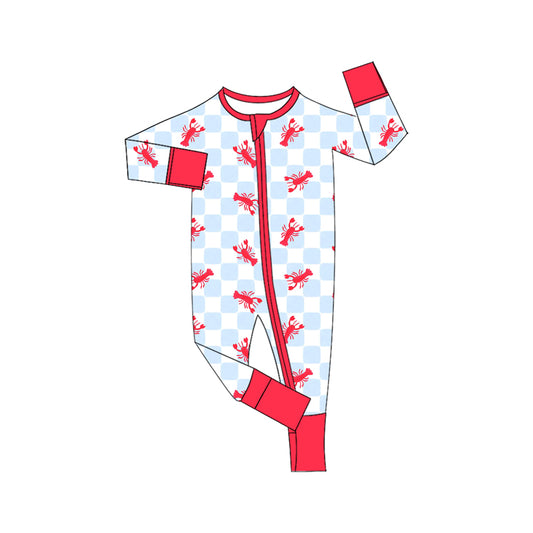 preorder LR3358 Crayfish Blue Checkered Zipper Long Sleeve Boys Romper