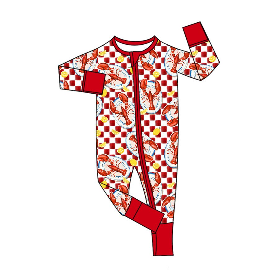 preorder LR3359 Crayfish Red Checekred Zipper Long Sleeve Girls Romper
