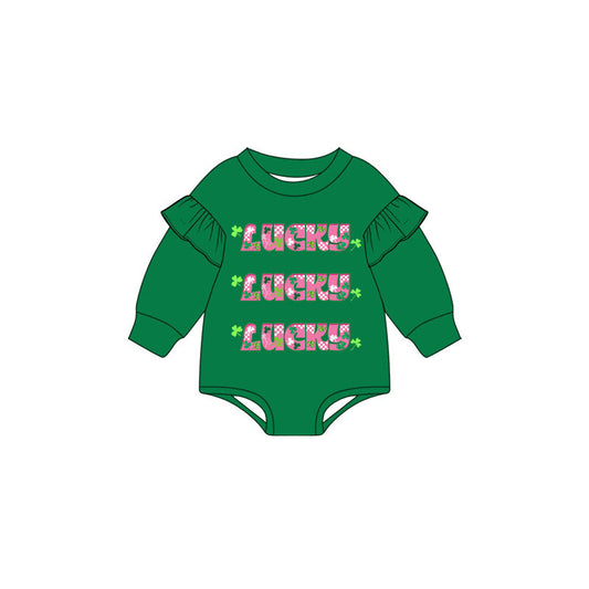 preorder LR3360 St Patrick Lucky Green Long Sleeve Girls Romper
