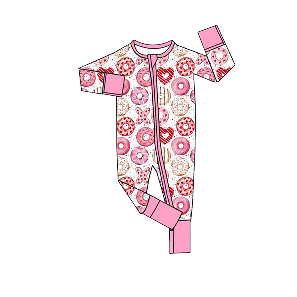 preorder LR3361 Valentine's Day Dount Pink Zipper Long Sleeve Girls Romper