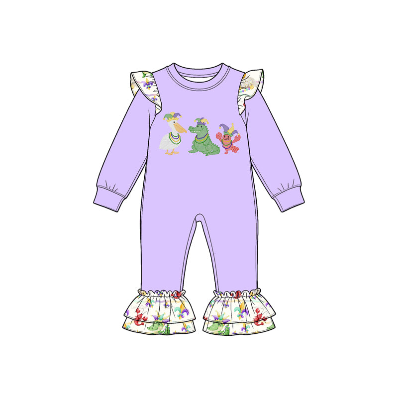 preorder LR3365 Mardi Gras Dinosaur Purple Long Sleeve Girls Romper